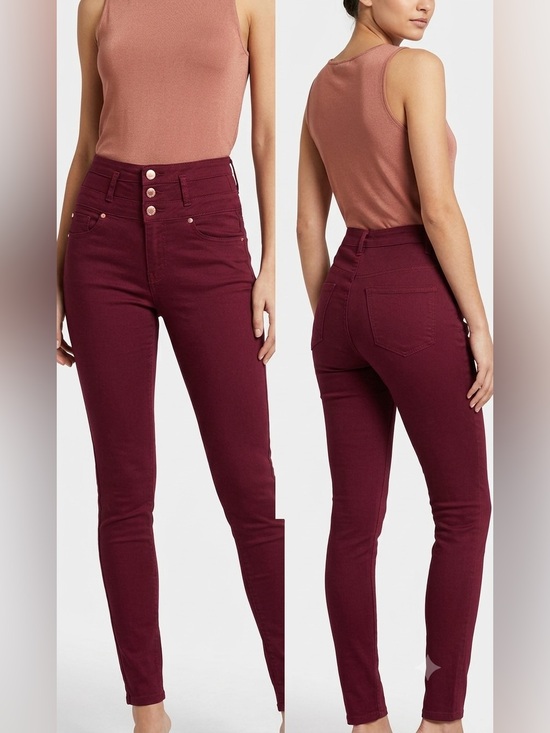refuge Denim - Refuge High Waisted 3-Button Skinny Pants in Burgundy Wine - Size:0